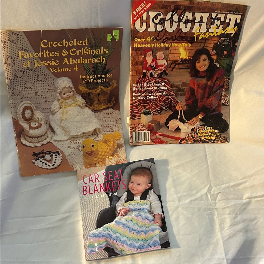 2 crochet pattern books &1 Crochet Family magazine. Cover of magazine well used